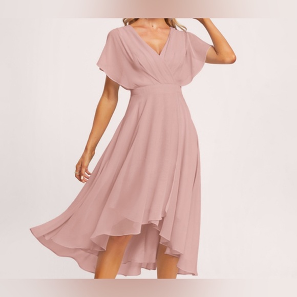 EUC A-line V-Neck Asymmetrical Chiffon Dress w/ Ruffle in Dusty Rose - 16W - Picture 11 of 11